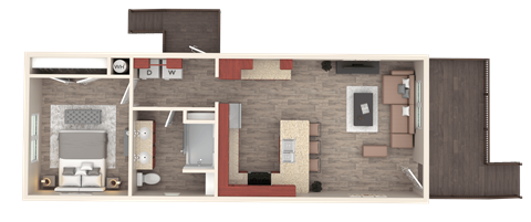 Floor plan for 1 bed, 1 bath, 736 sqft